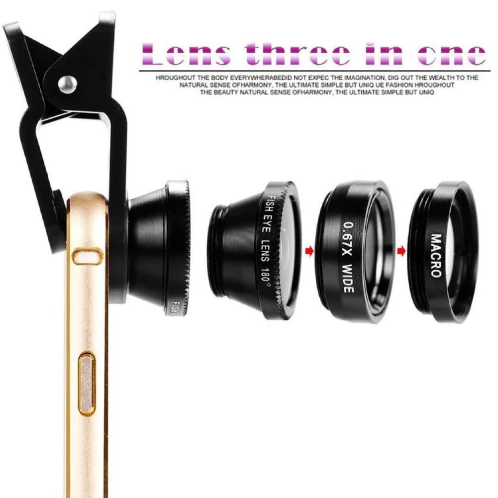 3 in 1 Clip on Universal 0.65X Wide Angle Fisheye Macro Lens for Mobile Phone