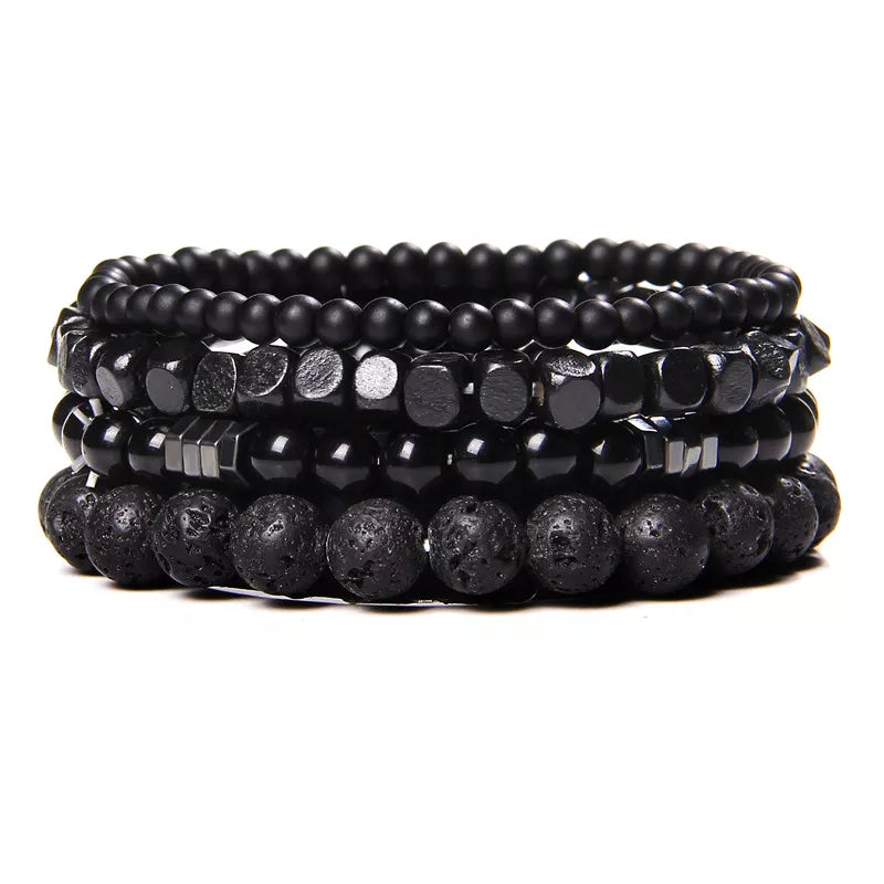 Natural Stone Beads Men Bracelet Multilayer Black Lava Onyx Beads