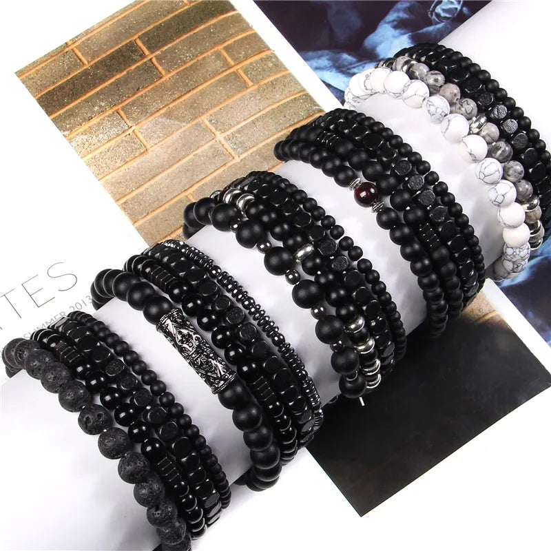 Natural Stone Beads Men Bracelet Multilayer Black Lava Onyx Beads