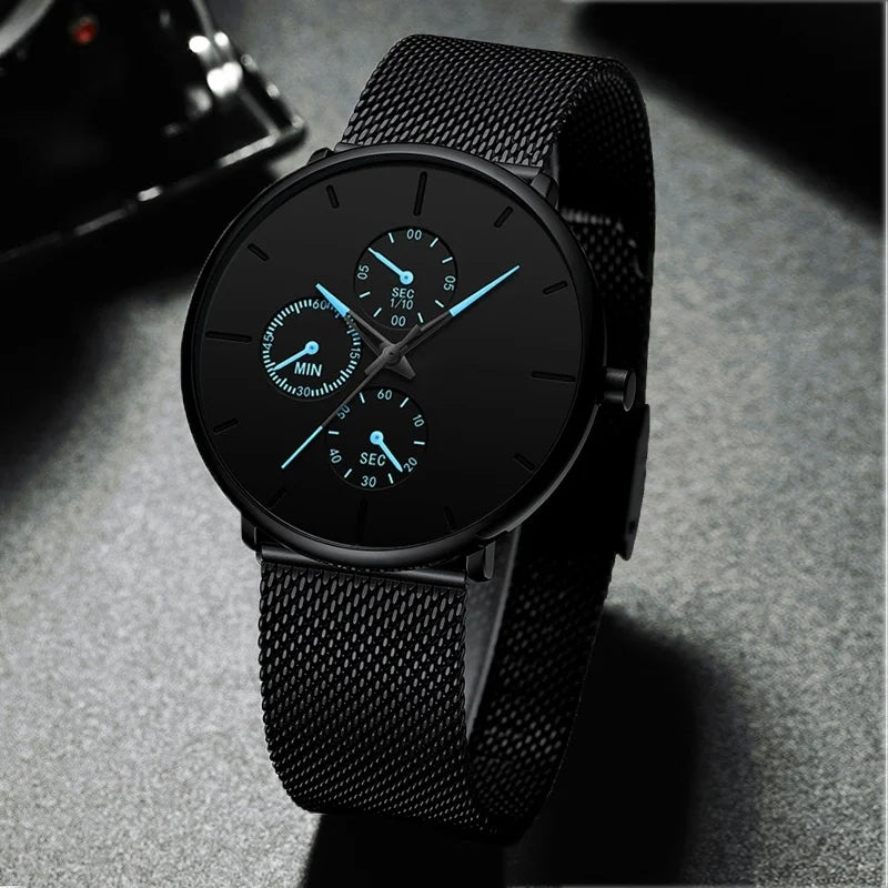 Fashion Men's Business Black Wrist Watches Ultra Thin Mesh Belt Quartz