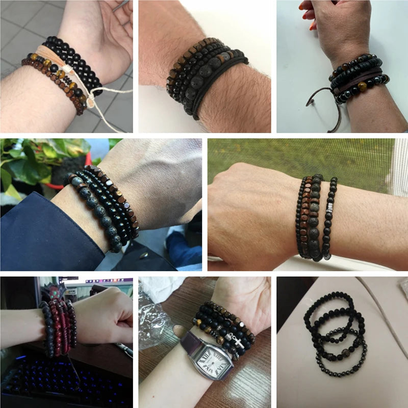 Natural Stone Beads Men Bracelet Multilayer Black Lava Onyx Beads