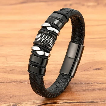XQNI Fashion Braided Rope Wrap Black Leather Bracelets for Men Classic Style Stainless Steel Bangle Couple Charm Jewelry Gifts