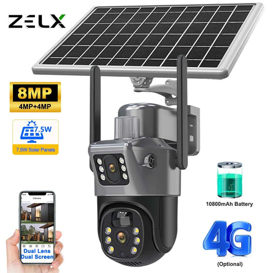 4K 8MP WiFi Solar Battery CCTV Camera 4G Sim Card Dual Lens Dual Screen