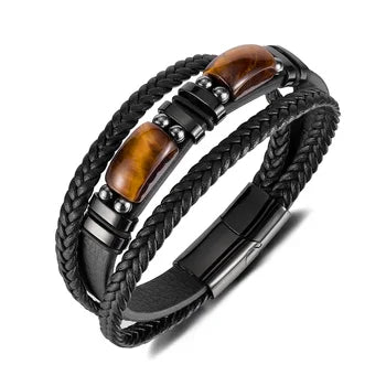 Men’s Vintage Leather Bracelet – Multi-Layer Braided Wristband with Tiger Eye, Black Agate & Stainless Steel Accents