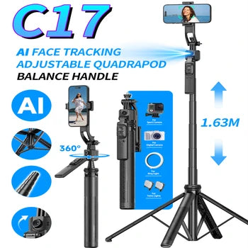 C17 AI Tracking Selfie Stick Tripod – 360° Smart Shooting with Light, Control &amp; Style