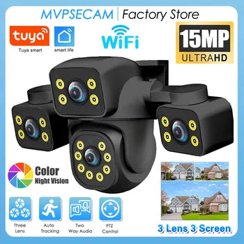 Three Screen Three Lens 15MP HD WIFI IP Color Night Vision Camera Auto Tracking IP66 Waterproof CCTV Video Security Tuya Smart